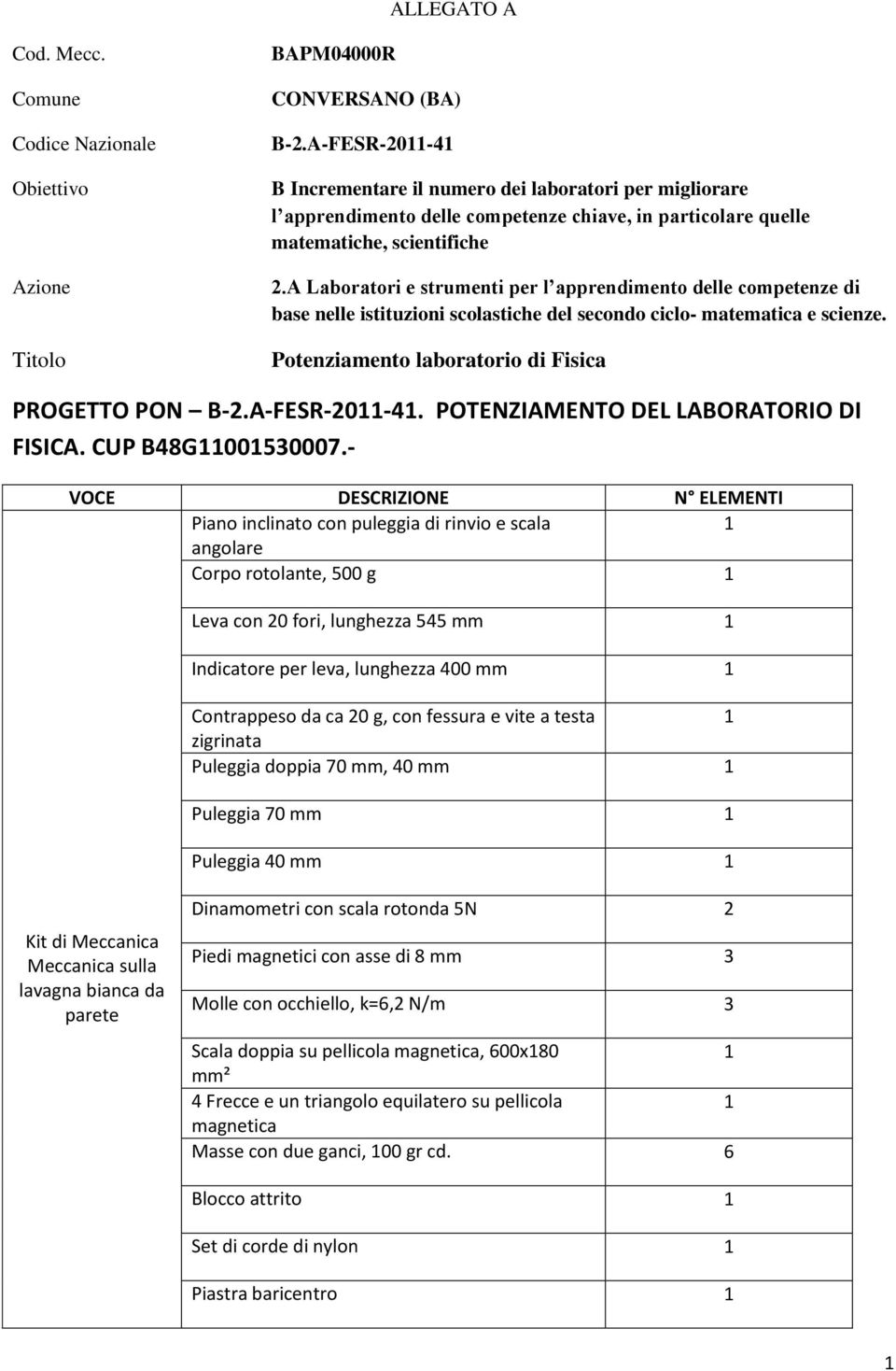 a Laboratori e strumenti per l apprendimento delle competenze di base nelle istituzioni scolastiche del secondo ciclo- matematica e scienze. Potenziamento laboratorio di Fisica PROGETTO PON B-.