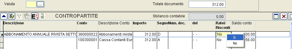 1 Inserimento dati Ratei/Risconti In fase di registrazione quando si attiva la colonna Ratei/risconti, il programma attiva la sezione dedicatra, evidenziandola in rosso, nella quale è possibile