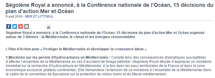 In Francia succede che - una moratoria immediata sulla ricerca di idrocarburi nel Mediterraneo, sia nelle acque territoriali della Francia che nella Zona economica esclusiva