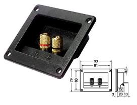 MORSETTI DA PANNELLO PER CASSE MORSETTIERA 2 POLI PER CASSE ACUSTICHE CORPO: pvc CONTATTI: ottone MORSETTIERA A PULSANTE 2 POLI Per montaggio a incasso Dimensioni:76x76mm per cavo di 4 mm o spina a