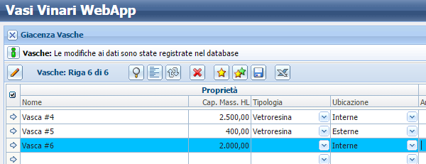 4) Configurazioni anagrafiche: Vasche Cliccando sul tasto di menu: Giacenza Vasche si accede alla videata di configurazione.