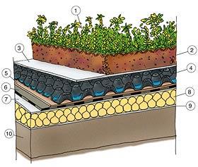 1. Vegetazione 2. Substrato per inverdimenti estensivi, sp. medio 80/120 mm 3. Telo filtrante sp. ca. 1 mm 4. Strato di accumulo, drenaggio aerazione sp. ca. 25 mm 5.