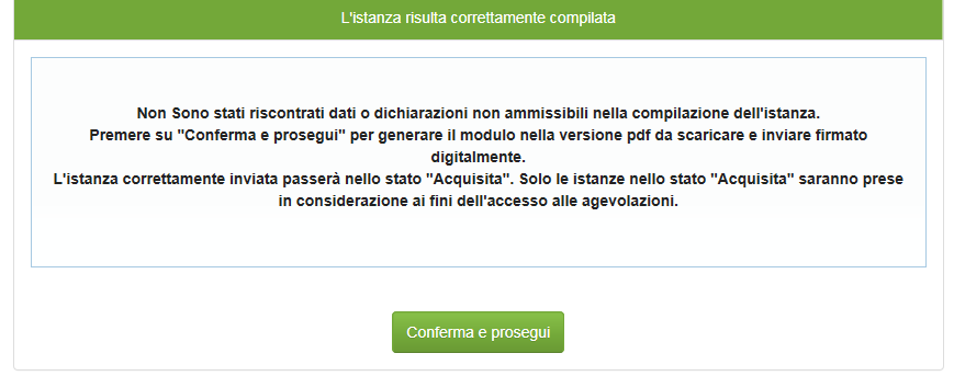 Sintesi compilazione istanza In questa sezione c è la sintesi della compilazione delle varie sezioni e cliccando su correggi gli errori (1) sarà possibile aprire