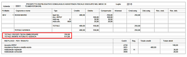 CONG730 2016 37/42 Gli importi rilevati dal programma come monte ritenute disponibile e ammontare complessivo dei crediti da 730 da rimborsare, vengono evidenziati all interno della stampa generata