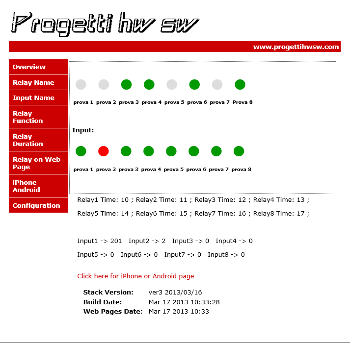 ESEMPIO DI PAGINA WEB PER SCHEDA SNT084Eth_8R_8I_Digitali. In aggiunta, si può verificare lo stato degli ingressi e dei Relè tramite un browser con: http://192.168.1.201/status.