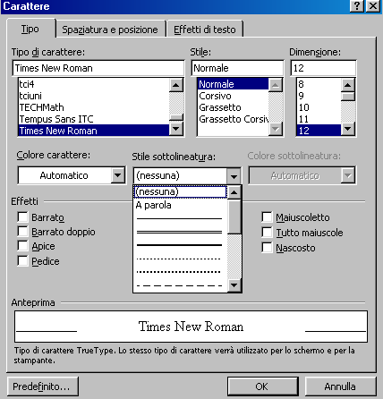 I Caratteri sottolineati La sottolineatura standard è applicabile mediante lo strumento