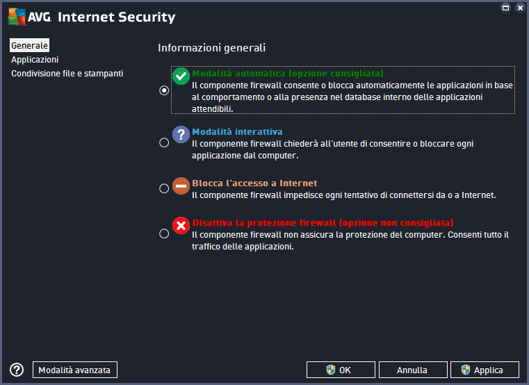 Condivisione file e stampanti Nella parte inferiore della finestra di dialogo è presente il pulsante Modalità avanzata.