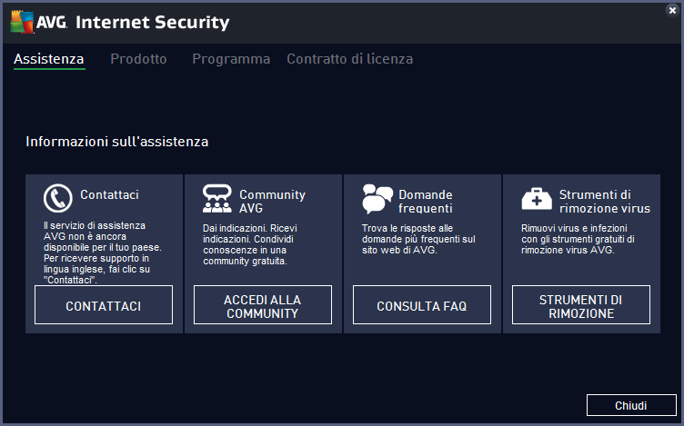 3.3.1.3. Assistenza Apre una nuova finestra di dialogo composta da quattro schede in cui è possibile trovare tutte le informazioni rilevanti su AVG Internet Security: Assistenza - questa scheda
