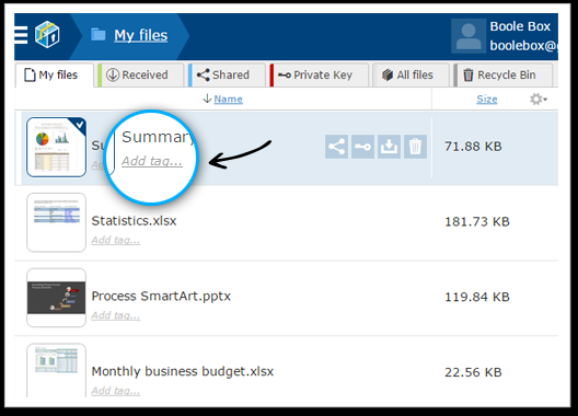 Tagging Con BooleBox è possibile classificare file, cartelle e messaggi inviati via e-mail con dei tag o delle parole chiave e raggrupparli in categorie in base al loro livello di confidenzialità o