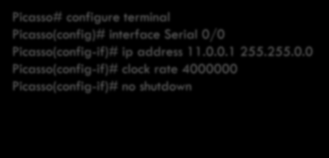 Configurazioni e Informazioni di base 4) Soluzione: Picasso# configure terminal Picasso(config)# interface Serial 0/0