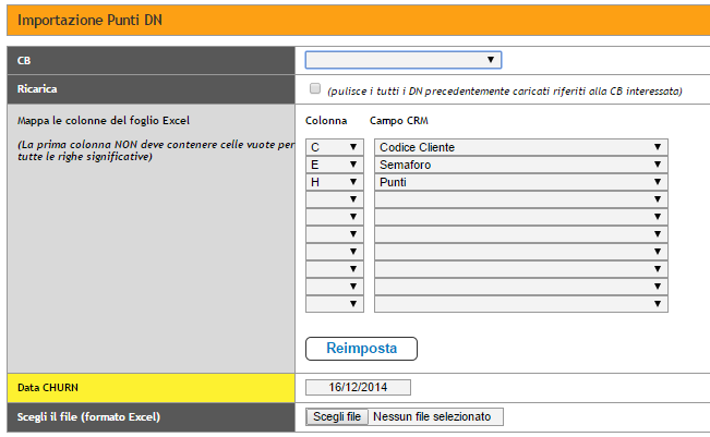 5 Importazione Punti DN Seguendo il percorso Amministrazione Caricamenti Punti DN entriamo nella sezione in cui possiamo allineare il file Excel che Vodafone ha inviato, con il calcolo del CHURN in