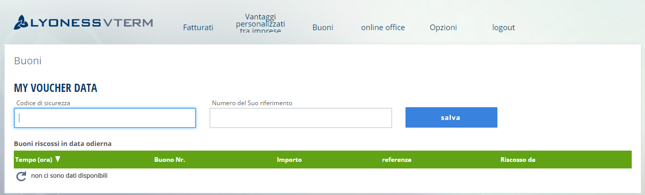 Menù BUONI (solo per aziende con questo servizio già attivo) In questa modalità è possibile incassare pagamenti effettuati dai clienti tramite Mobile Voucher, nel caso questa opzione sia stata