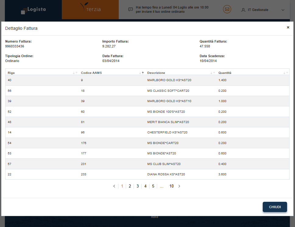 - Dettaglio, per visualizzare il dettaglio della fattura (numero, importo, quantità totale, data emissione e data scadenza, tipologia ordine, elenco codici prodotto con relativa descrizione e