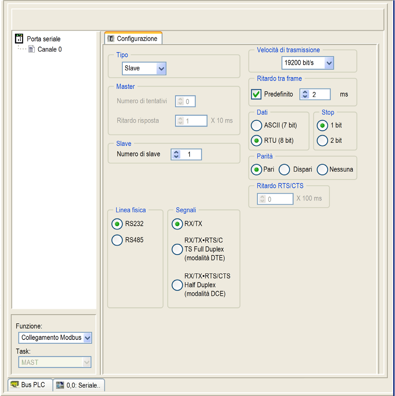 Schermata di configurazione della comunicazione Modbus Seriale Generale Le pagine seguenti costituiscono un introduzione alla schermata di configurazione per la comunicazione Modbus seriale.