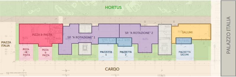 Gli spazi espositivi «azienda salumi» Gli spazi oggetto del presente bando si trova all interno dei manufatti del Cardo e sono delimitati: a Nord da Palazzo Italia; ad Est dall asse del Cardo, viale