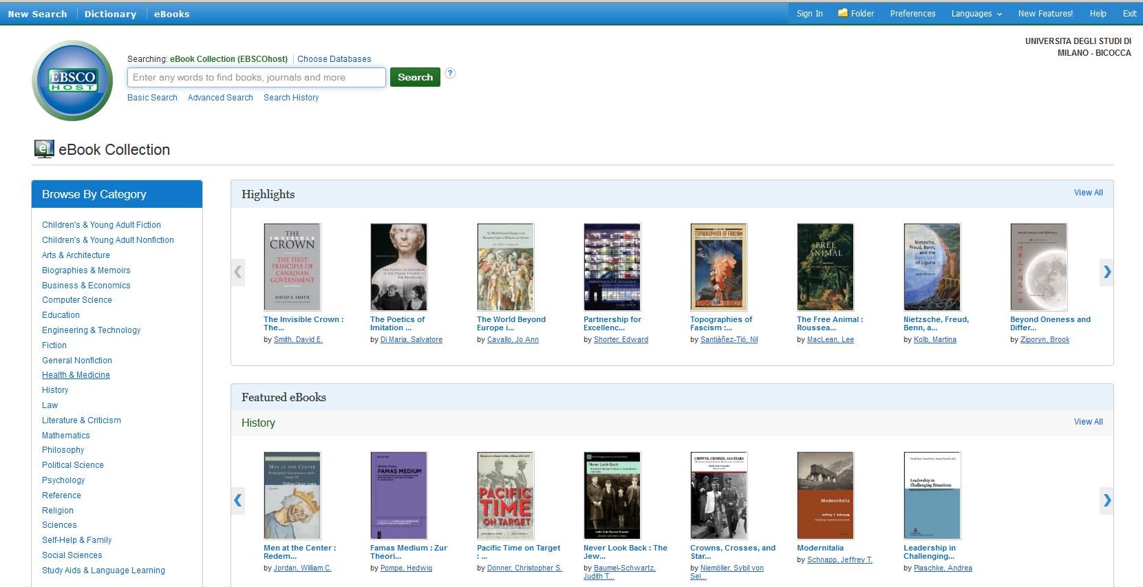 Cercare libri Ebook Collection EBSCO (1) L accesso è diretto, dal sito