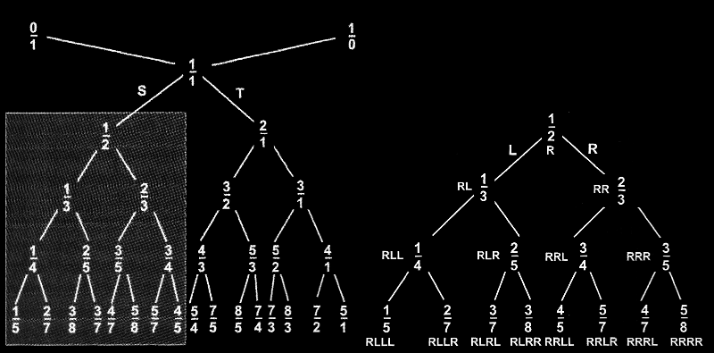 Figura 5.1: A sinistra l albero di Stern-Brocot, a destra la parte sinistra della sua versione riordinata l espressione della bigezione σ in termini di parole.