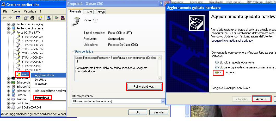 Esiste Ximax CDC in Porte (Com e LPT ), ma è impossibile installare i driver USB per D-Box Inserite il CD con XIRING USB serial port driver for Windows nel lettore CD Selezionate, con il tasto destro