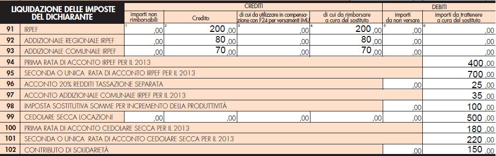 La liquidazione va fatta nel seguente modo: saldo contabile: (Rigo 91, col. 4 + Rigo 92, col. 4 + Rigo 93, col. 4 + Rigo 99, col. 4) - (Rigo 91, col. 6 + Rigo 92, col. 6 + Rigo 93, col.