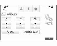 Ora e data Premere HOME e quindi selezionare IMPOSTAZIONI. Selezionare Ora e data. Impostazione dell'ora Selezionare Imposta ora per entrare nel rispettivo sottomenù. Selezionate Impostaz. autom.