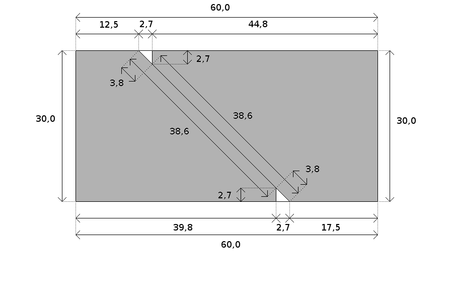 Dall'angolo più acuto dei due piani ottenuti andrà tagliato un triangolo come da dimensioni della figura 2. (Questo taglio può essere effettuato anche dopo l'assemblaggio del telaio).
