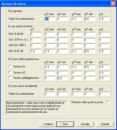 Nella Tabella delle combinazioni premere, per eseguire la generazione automatica delle combinazioni, i seguenti comandi: S.L.U. strutt. S.L.U. sismica S.L.E.