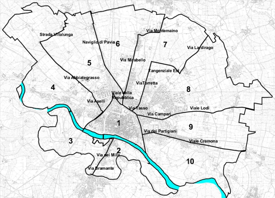 Figura 1.1 Zonizzazione interna al comune di Pavia Il successivo livello territoriale considerato nell elaborazione è stato quello dei comuni appartenenti alla provincia di Pavia.