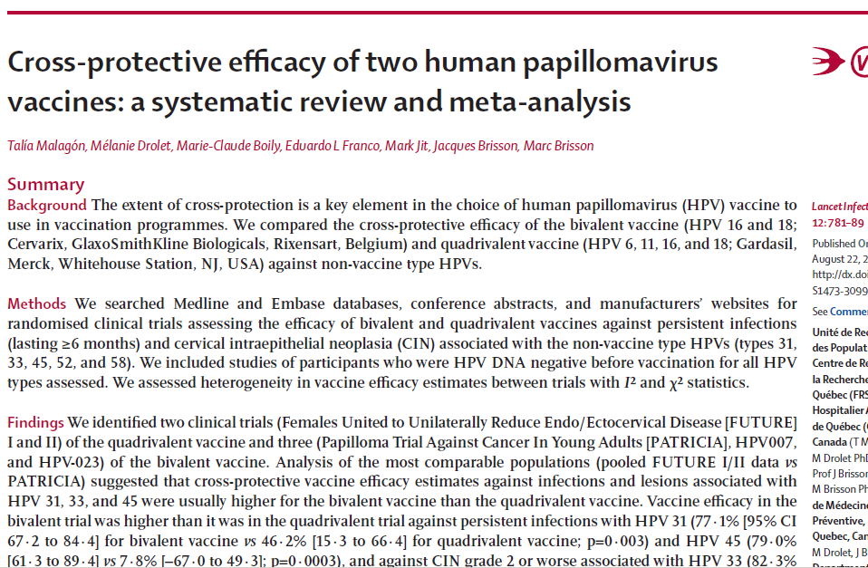 Differenze fra i vaccini Metanalisi del FUTURE e del PATRICIA Il bivalente sembra più efficace del quadrivalente contro HPV 31, 33 e 45, ma: differenze non