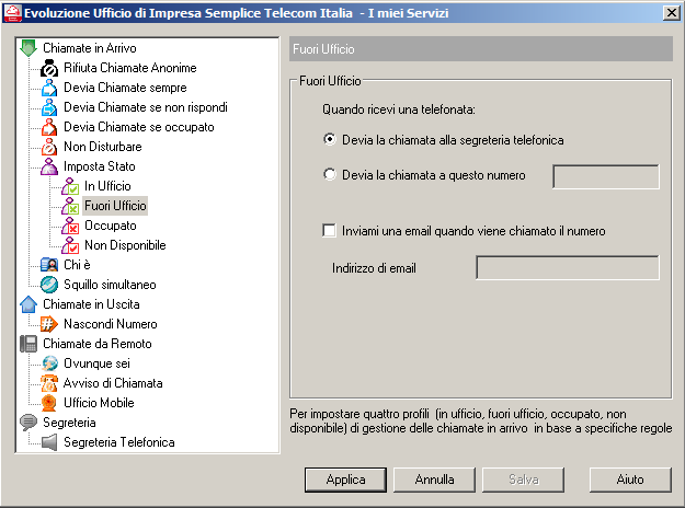 6.1.6.2 Imposta Stato Fuori Ufficio Il profilo Fuori Ufficio viene utilizzato quando l utente lavora lontano dalla propria scrivania per un periodo prolungato.
