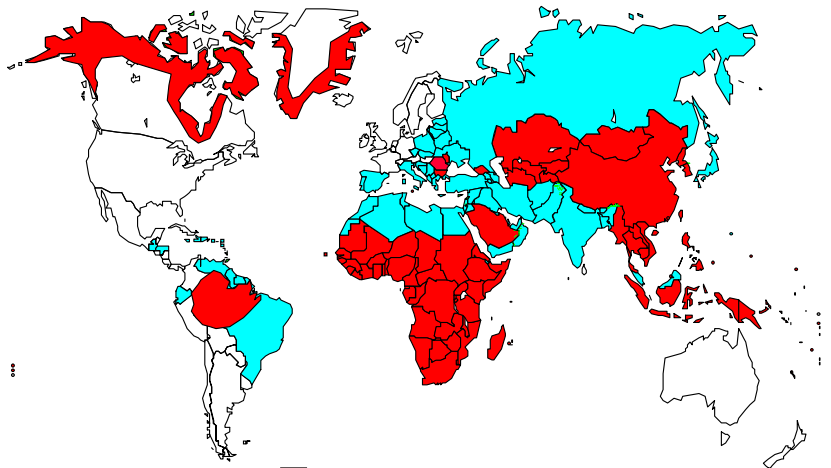Figura 1. Distribuzione delle infezioni da HBV nel mondo. In rosso sono mostrati i Paesi ad alta endemia; in azzurro quelli a endemia intermedia; in bianco i Paesi a bassa endemia (26). 1.3 Trasmissione del virus HBV Il virus dell epatite B è trasmesso sia per via parenterale che sessuale.