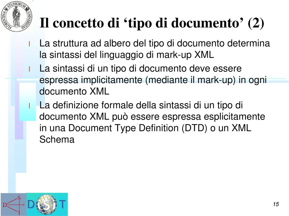 impicitamente (mediante i mark-up) in ogni documento XML La definizione formae dea sintassi di un