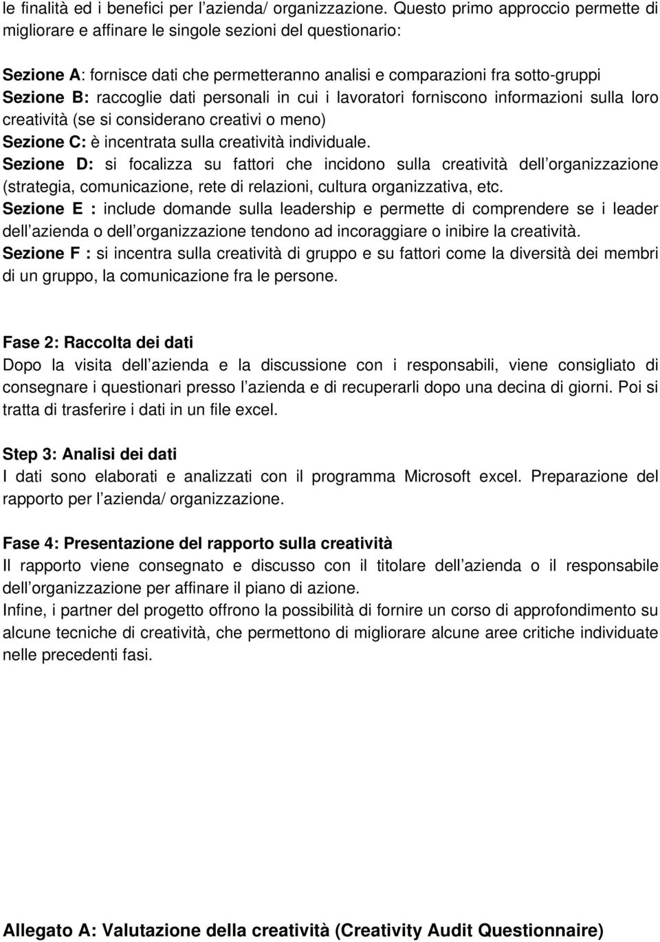 dati personali in cui i lavoratori forniscono informazioni sulla loro creatività (se si considerano creativi o meno) Sezione C: è incentrata sulla creatività individuale.