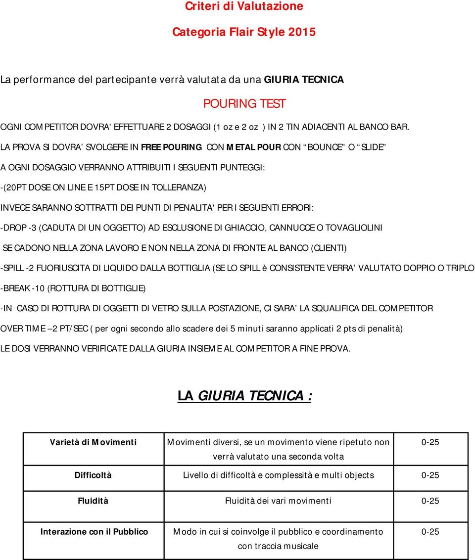 LA PROVA SI DOVRA SVOLGERE IN FREE POURING CON METAL POUR CON BOUNCE O SLIDE A OGNI DOSAGGIO VERRANNO ATTRIBUITI I SEGUENTI PUNTEGGI: -(20PT DOSE ON LINE E 15PT DOSE IN TOLLERANZA) INVECE SARANNO