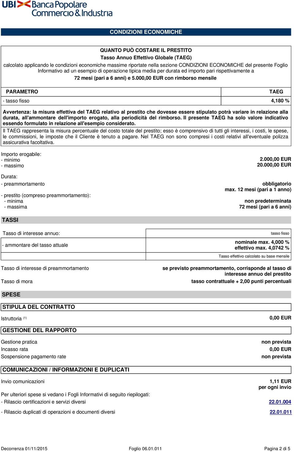 000,00 EUR con rimborso mensile PARAMETRO - tasso fisso 4,180 % Avvertenza: la misura effettiva del TAEG relativo al prestito che dovesse essere stipulato potrà variare in relazione alla durata,