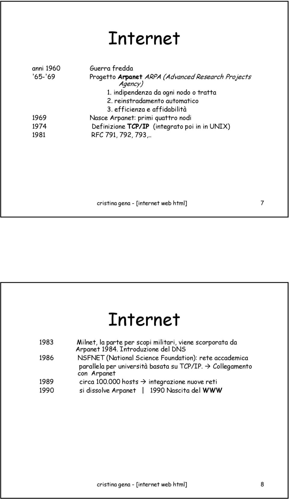 . cristina gena - [internet web html] 7 Internet 1983 Milnet, la parte per scopi militari, viene scorporata da Arpanet 1984.