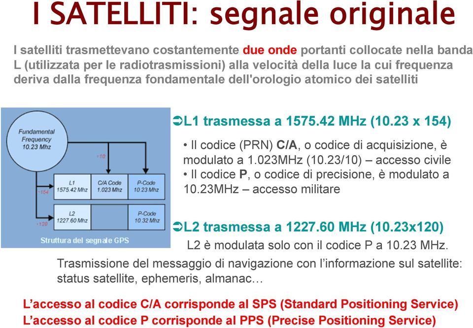 23/10) accesso civile Il codice P, o codice di precisione, è modulato a 10.23MHz accesso militare L2 trasmessa a 1227.60 MHz (10.23x120) L2 è modulata solo con il codice P a 10.23 MHz.