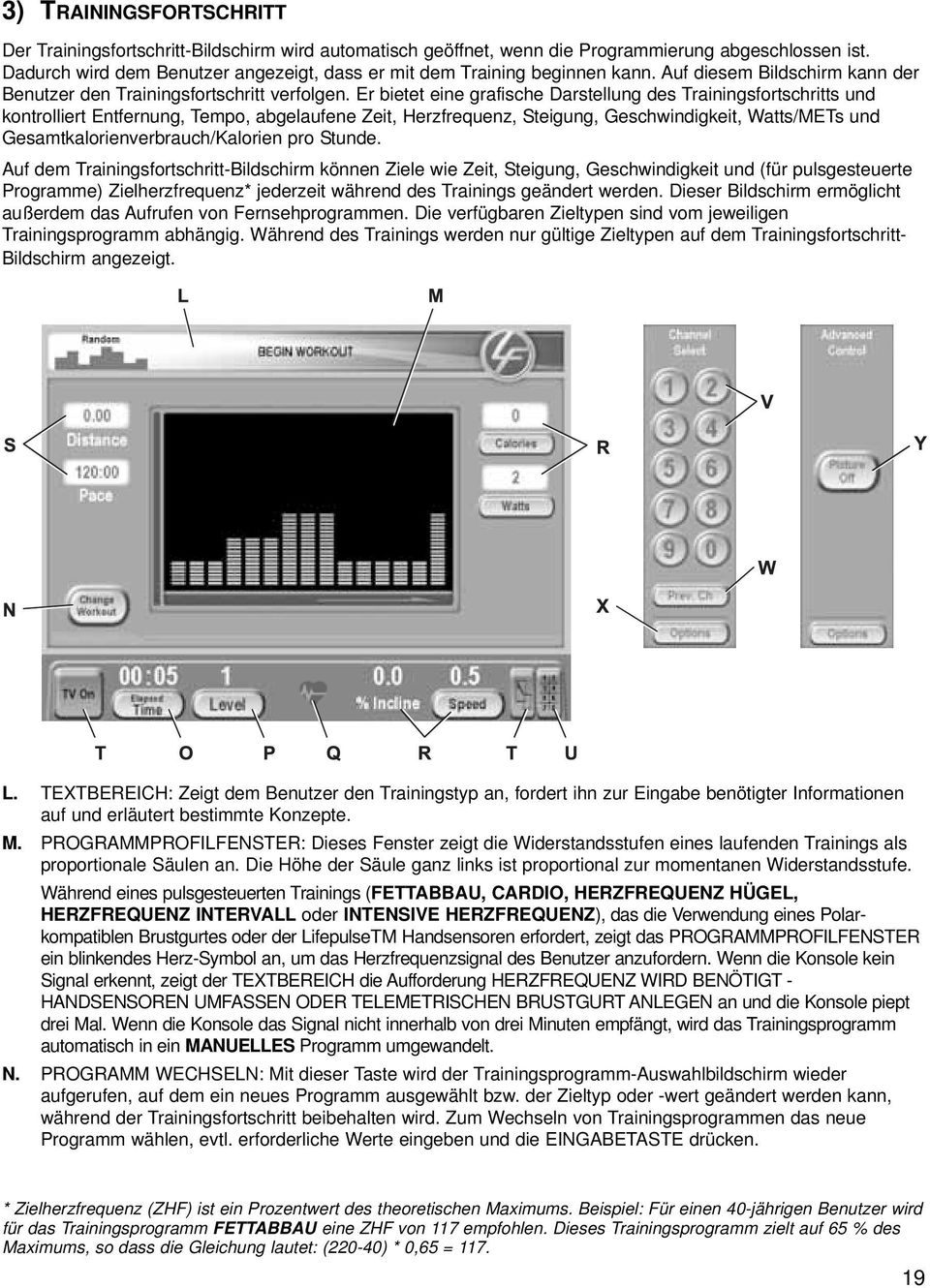 Er bietet eine grafische Darstellung des Trainingsfortschritts und kontrolliert Entfernung, Tempo, abgelaufene Zeit, Herzfrequenz, Steigung, Geschwindigkeit, Watts/METs und