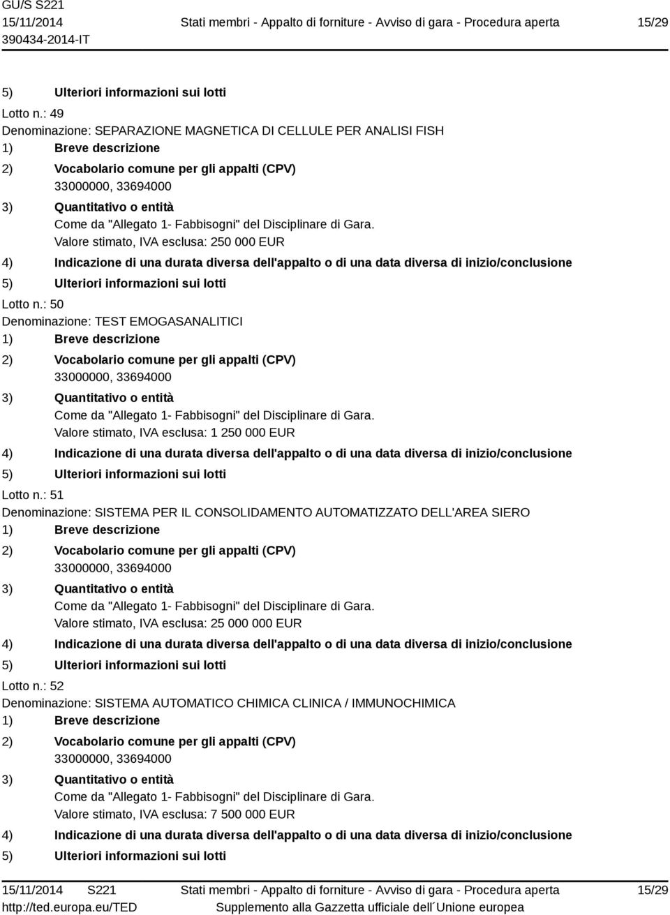 : 50 Denominazione: TEST EMOGASANALITICI Valore stimato, IVA esclusa: 1 250 000 EUR Lotto n.