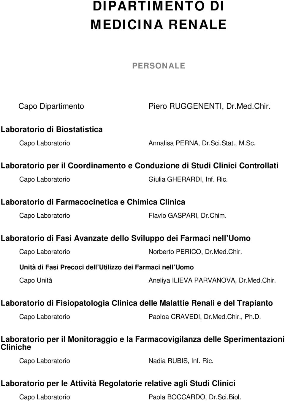 Laboratorio di Farmacocinetica e Chimica Clinica Capo Laboratorio Flavio GASPARI, Dr.Chim. Laboratorio di Fasi Avanzate dello Sviluppo dei Farmaci nell Uomo Capo Laboratorio Norberto PERICO, Dr.Med.