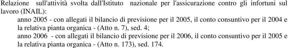 (INAIL): la relativa pianta organica - (Atto n. 7), sed.