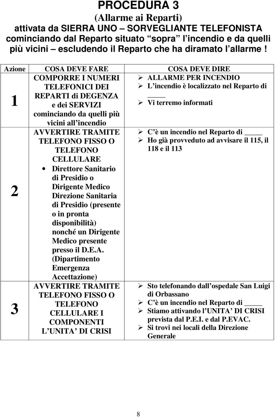 Azione COSA DEVE FARE COSA DEVE DIRE COMPORRE I NUMERI TELEFONICI DEI REPARTI di DEGENZA 1 e dei SERVIZI cominciando da quelli più vicini all incendio 2 3 AVVERTIRE TRAMITE TELEFONO FISSO O TELEFONO