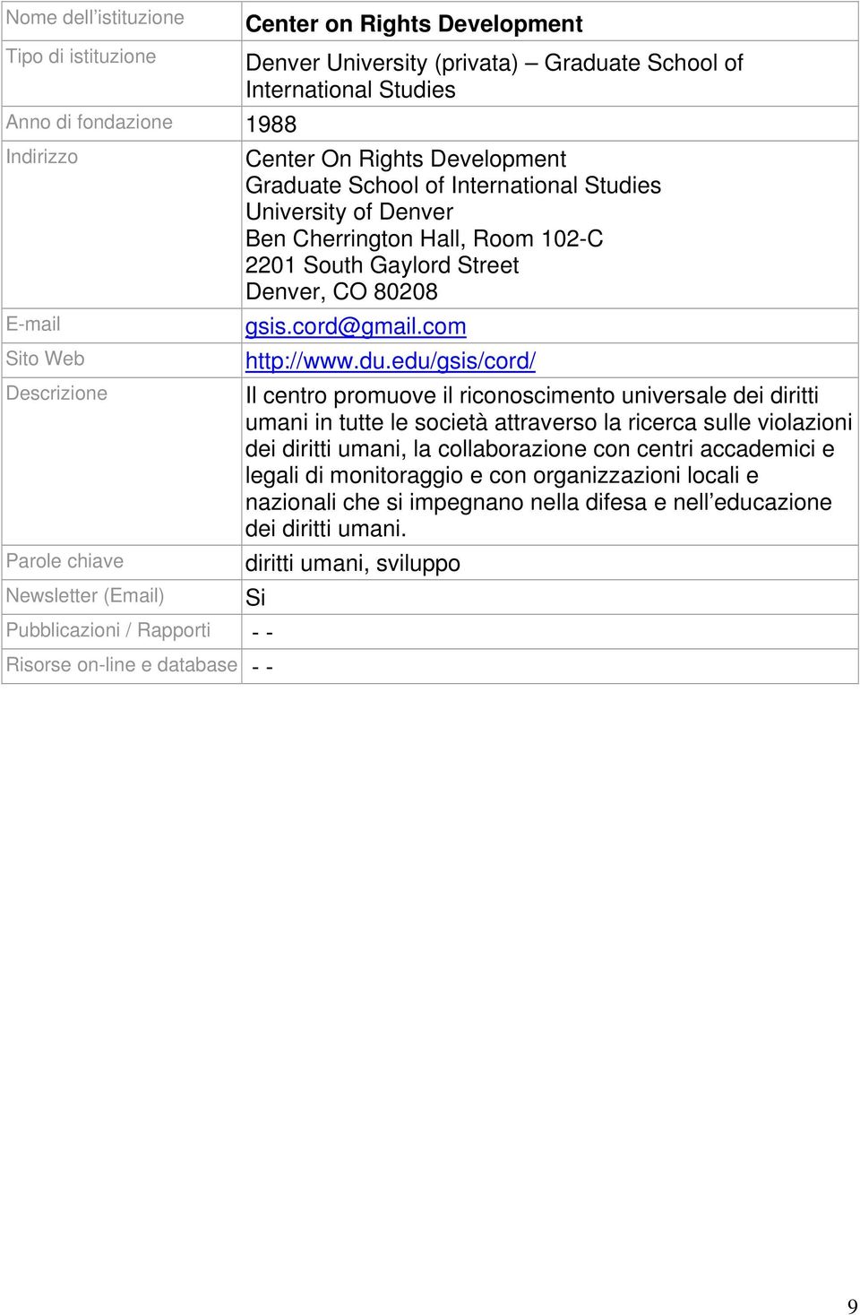 edu/gsis/cord/ Il centro promuove il riconoscimento universale dei diritti umani in tutte le società attraverso la ricerca sulle violazioni dei diritti umani, la collaborazione con