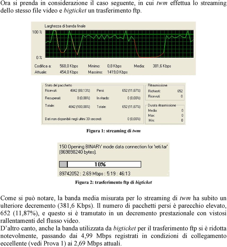 Kbps). Il numero di pacchetti persi è parecchio elevato, 652 (11,87%), e questo si è tramutato in un decremento prestazionale con vistosi rallentamenti del flusso video.