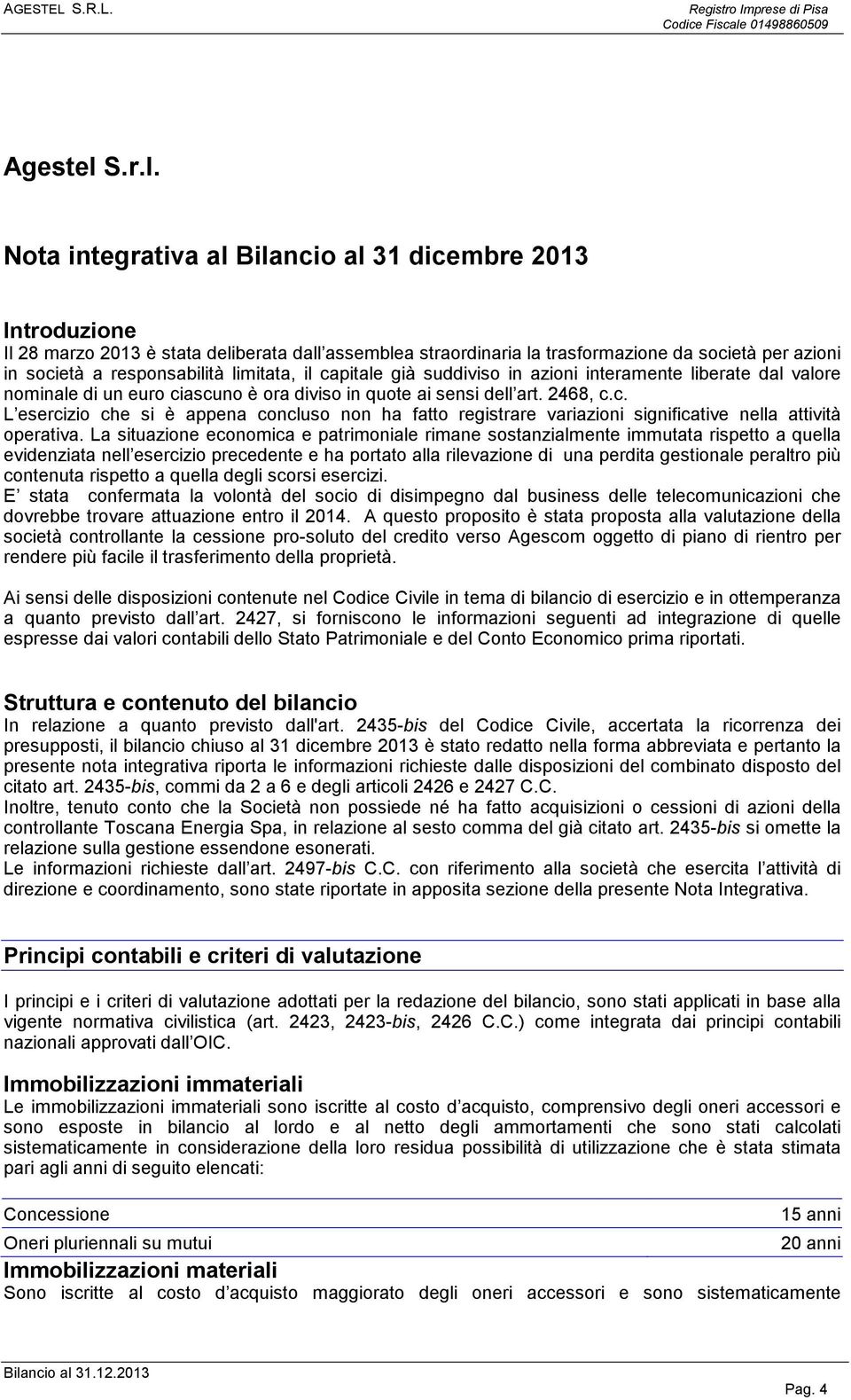 Nota integrativa al Bilancio al 31 dicembre 2013 Introduzione Il 28 marzo 2013 è stata deliberata dall assemblea straordinaria la trasformazione da società per azioni in società a responsabilità