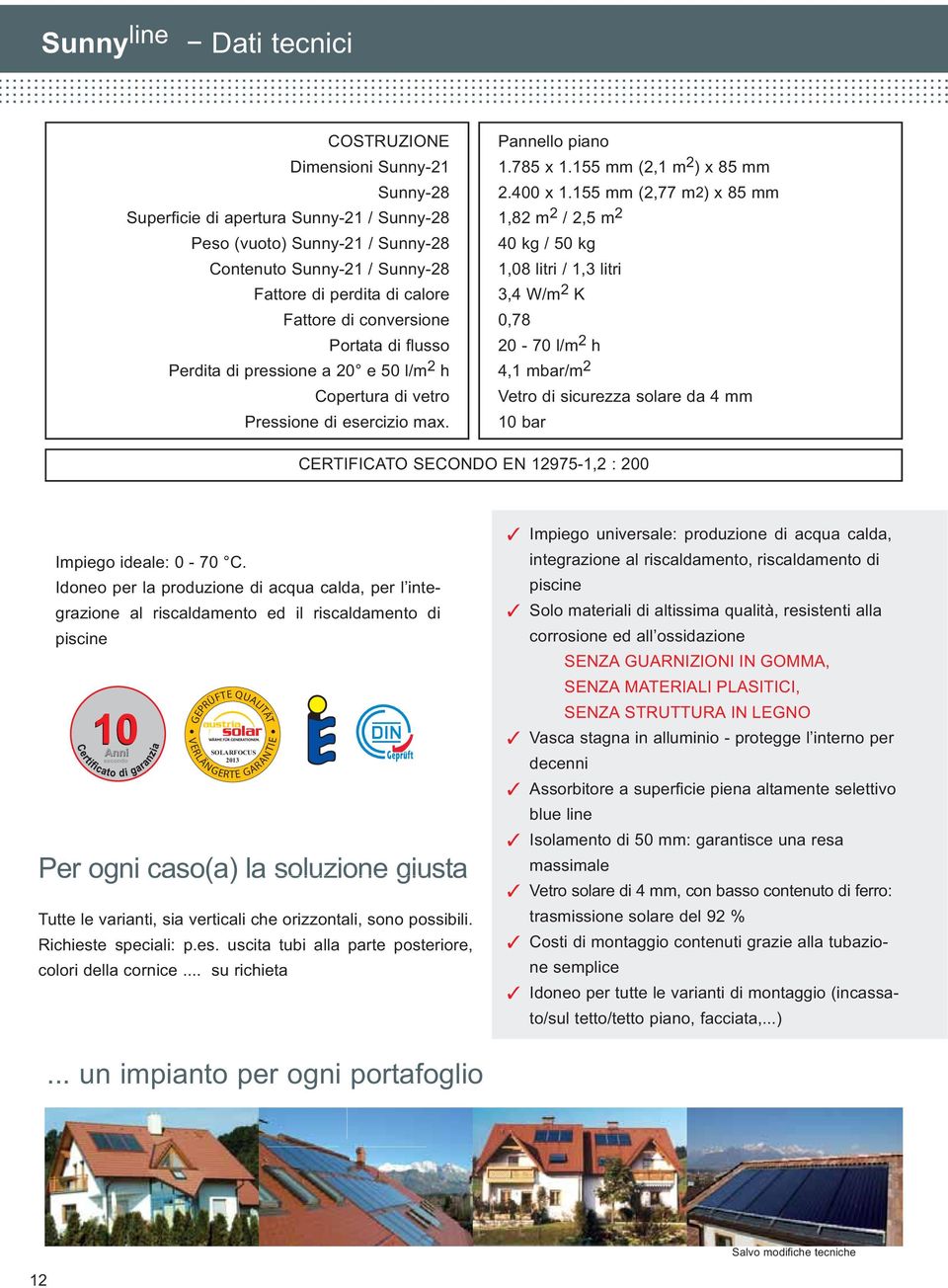 155 mm (2,77 m2) x 85 mm 1,82 m 2 / 2,5 m 2 40 kg / 50 kg 1,08 litri / 1,3 litri 3,4 W/m 2 K 0,78 20-70 l/m 2 h 4,1 mbar/m 2 Vetro di sicurezza solare da 4 mm 10 bar CERTIFICATO SECONDO EN 12975-1,2