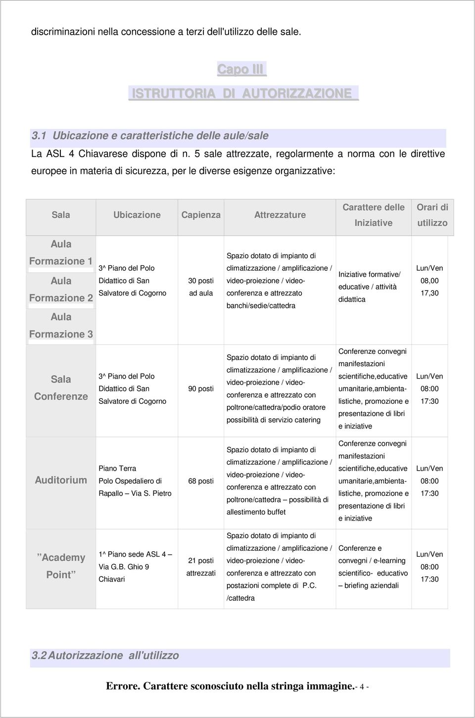 di utilizzo Formazione 1 Formazione 2 3^ Piano del Polo Didattico di San Salvatore di Cogorno 30 posti ad aula Spazio dotato di impianto di climatizzazione / amplificazione / video-proiezione /