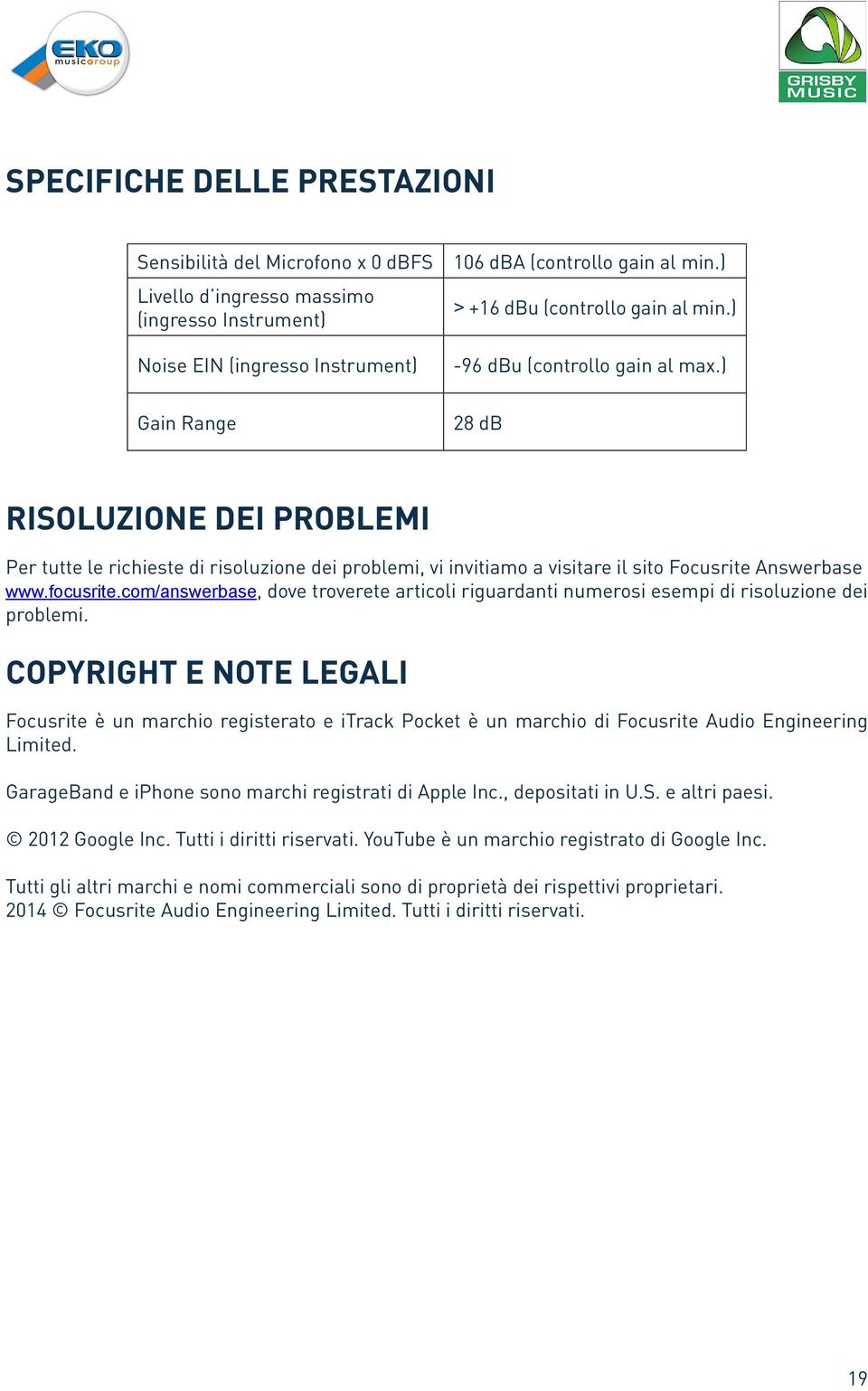 ) Gain Range 28 db RISOLUZIONE DEI PROBLEMI Per tutte le richieste di risoluzione dei problemi, vi invitiamo a visitare il sito Focusrite Answerbase www.focusrite.