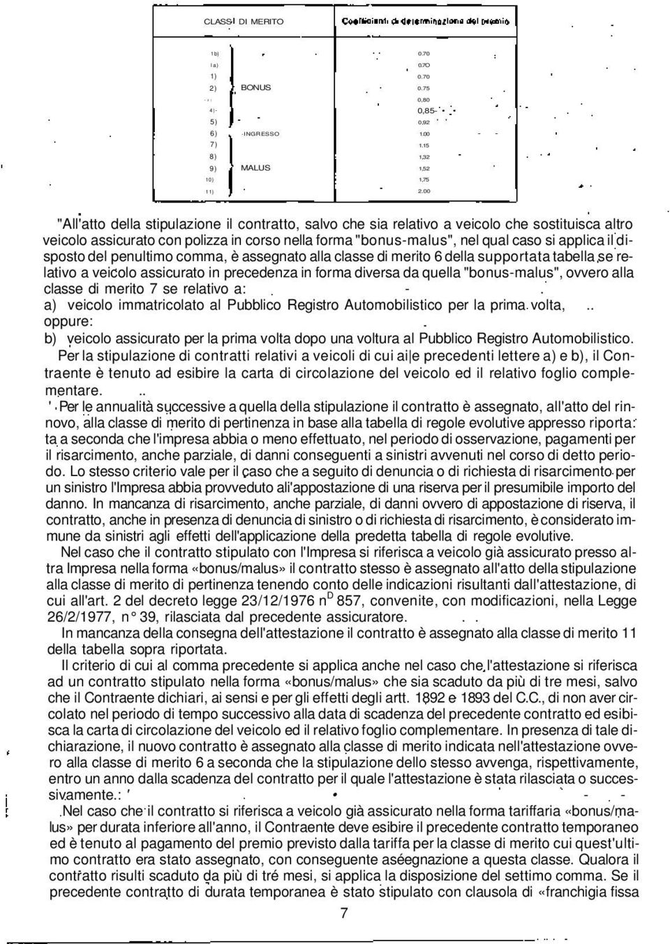 disposto del penultimo comma, è assegnato alla classe di merito 6 della supportata tabella se relativo a veicolo assicurato in precedenza in forma diversa da quella "bonus-malus", ovvero alla classe