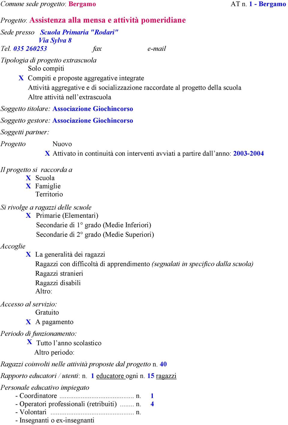 attività nell extrascuola Soggetto titolare: Associazione Giochincorso Soggetto gestore: Associazione Giochincorso Soggetti partner: Progetto Il progetto si raccorda a X Scuola X Famiglie Territorio