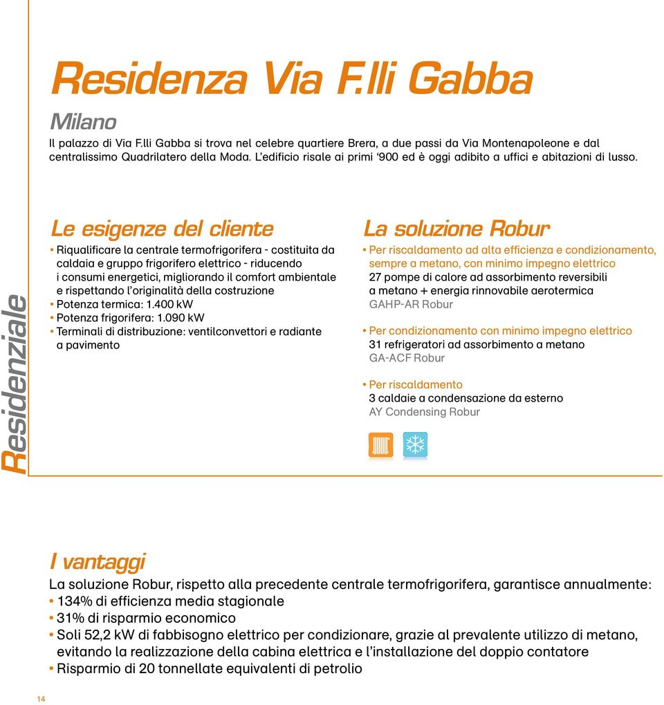 Residenziale Le esigenze del cliente Riqualificare la centrale termofrigorifera - costituita da caldaia e gruppo frigorifero elettrico - riducendo i consumi energetici, migliorando il comfort